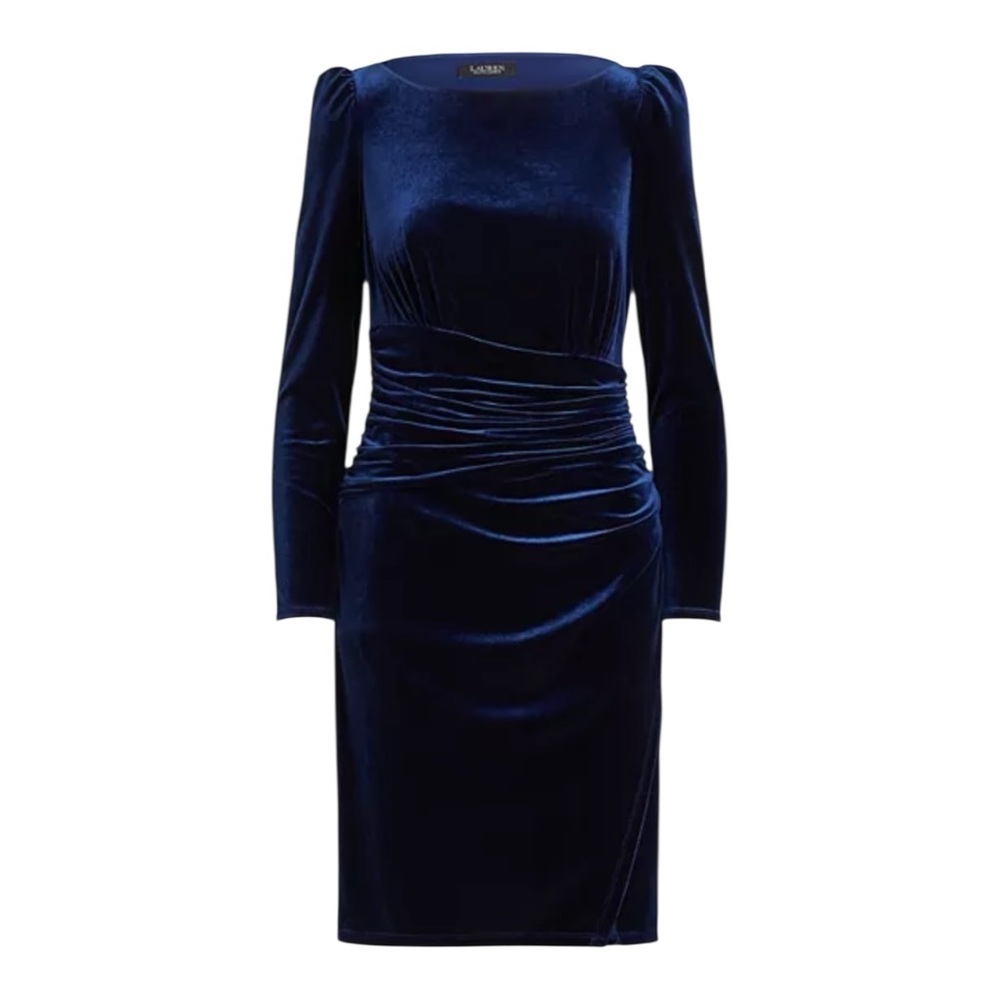 Lauren Ralph Lauren Velvet Ruched Boatneck Midi Dress Navy | NWT | Size 0 - Picture 2 of 5
